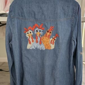 New Look Blue Denim Shirt with Chicken DTF print On The Back.